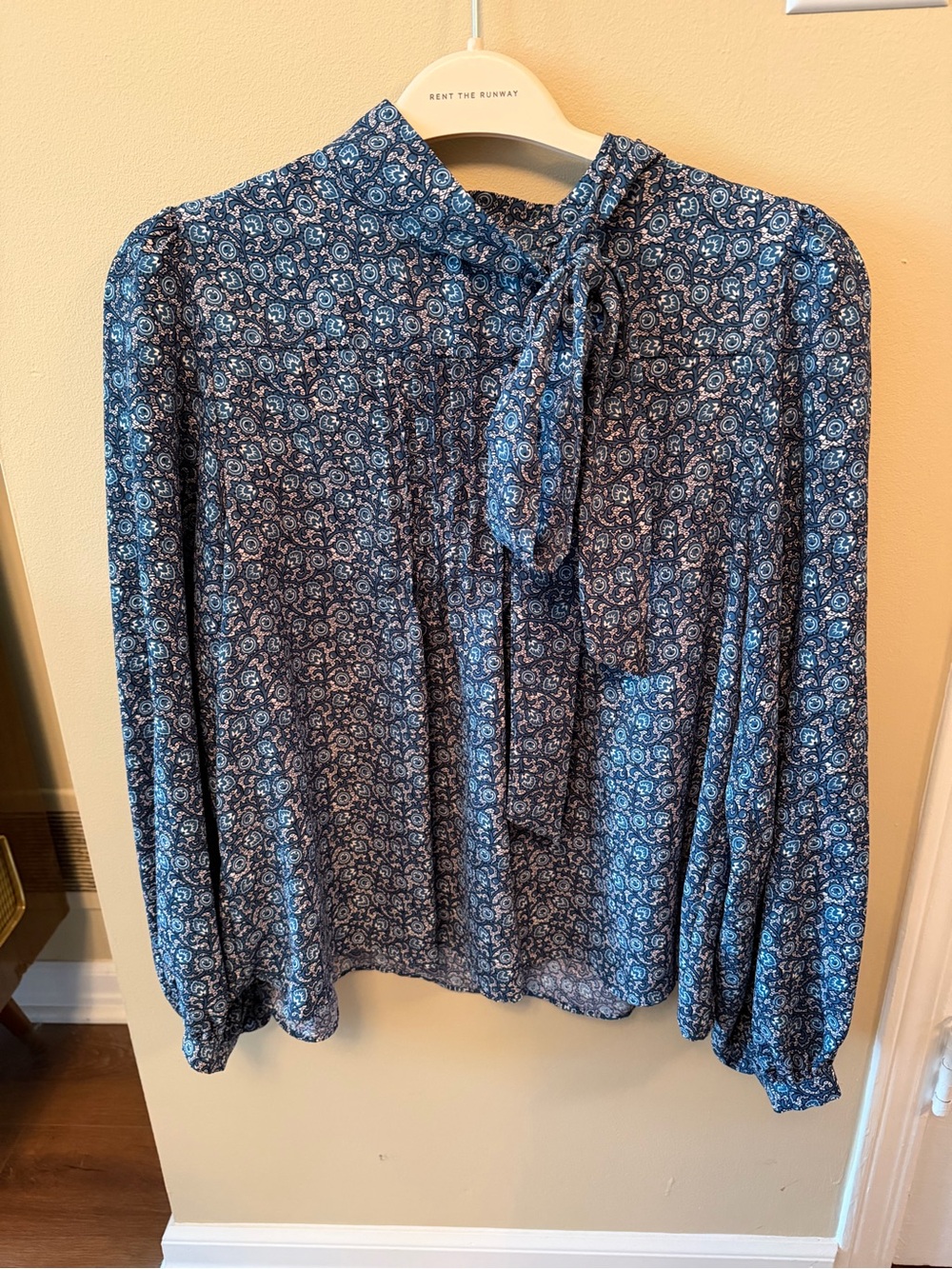 1. State Blue Paisley Tie-Neck Blouse